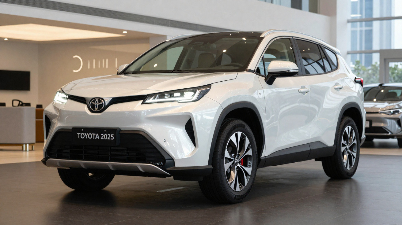 White 2025 Toyota SUV displayed indoors with modern design and sleek LED headlights.