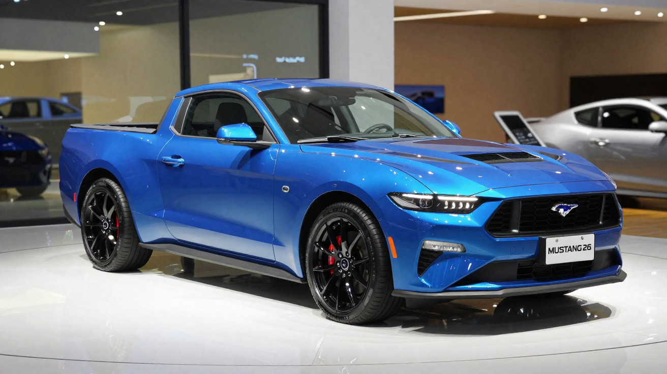 Blue Ford Mustang pickup truck displayed indoors with black wheels and sporty design features.