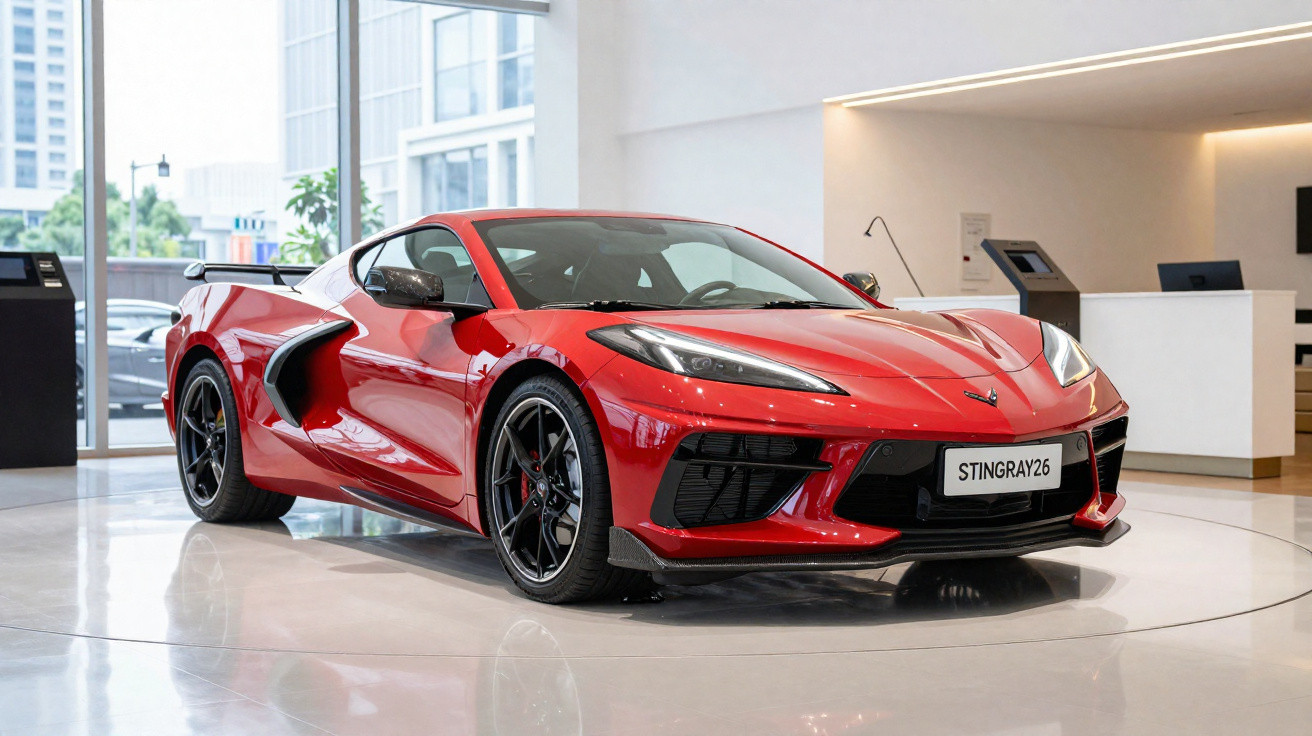 Red Chevrolet Corvette Stingray sports car displayed indoors with glossy finish and black alloy wheels.