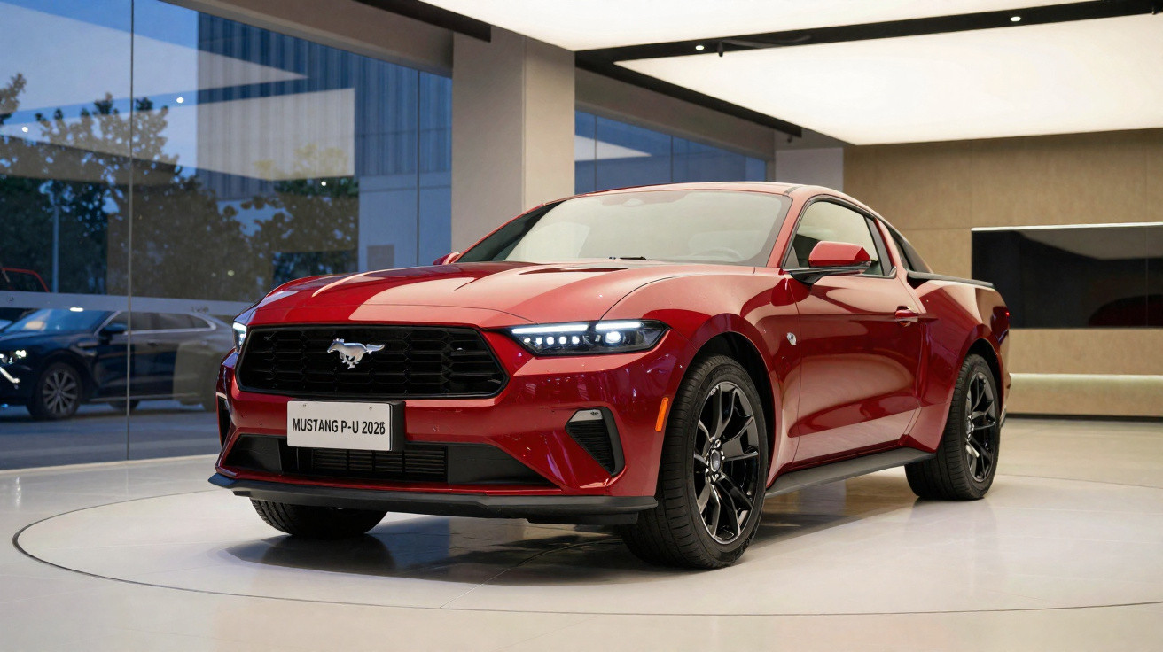 Red Ford Mustang pickup truck displayed indoors with modern interior and large glass windows.