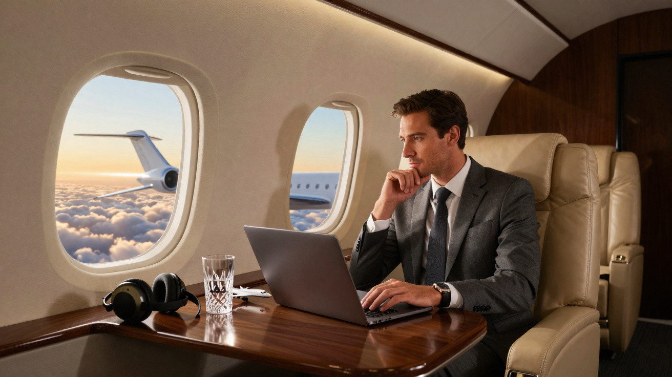 Man in suit working on laptop inside private jet with clouds and plane wing visible through window