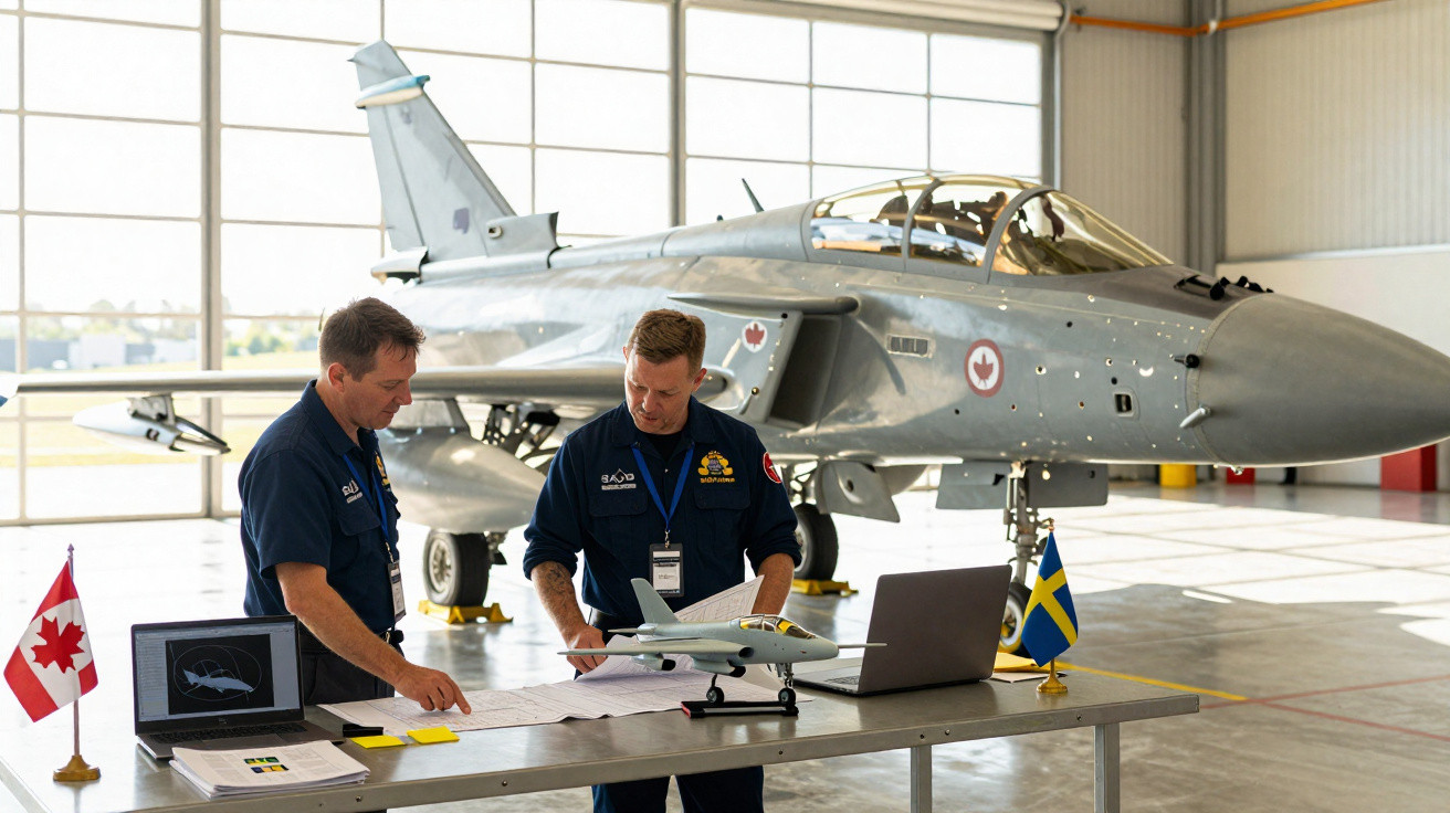 Two men in uniforms discussing documents at a table with model jet, laptop, and Canadian and Swedish flags by a fighter jet.