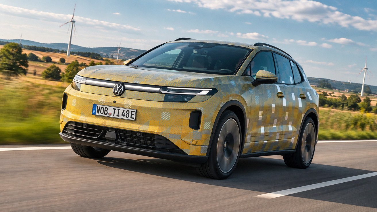 Yellow Volkswagen electric SUV driving on a countryside road with wind turbines in the background.