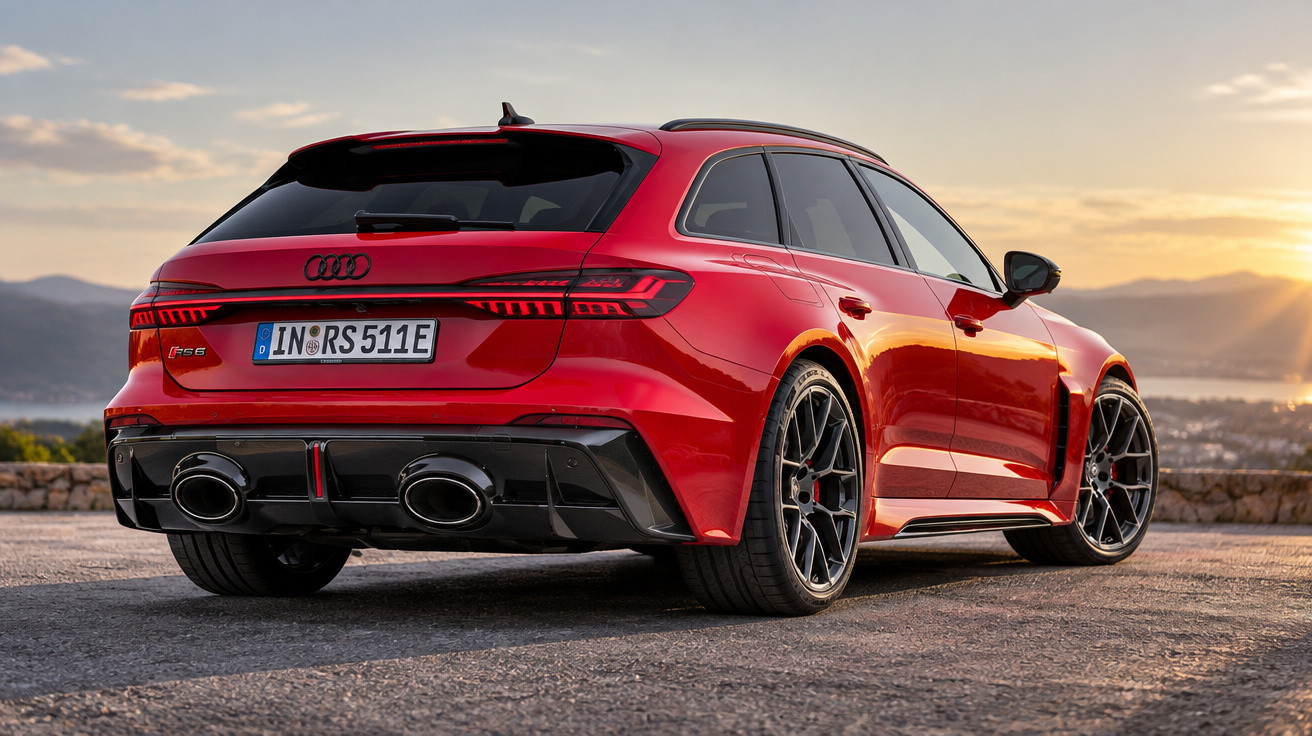 Red Audi RS6 Avant parked on roadside with mountains and sunset in the background.