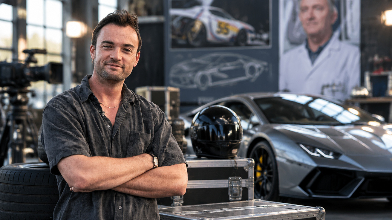 Man with folded arms standing in a garage beside a sports car, racing helmet, and car design sketches on the wall.