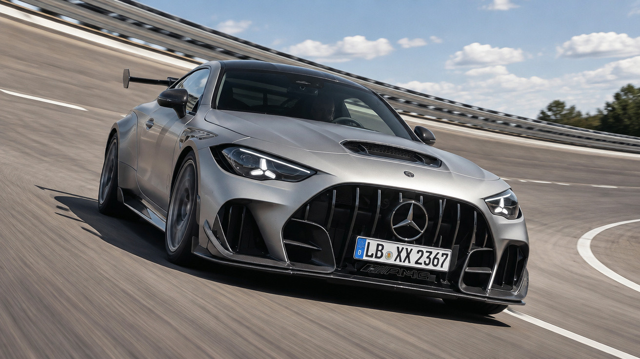 Silver Mercedes-AMG sports car racing on a curved track under a partly cloudy sky.