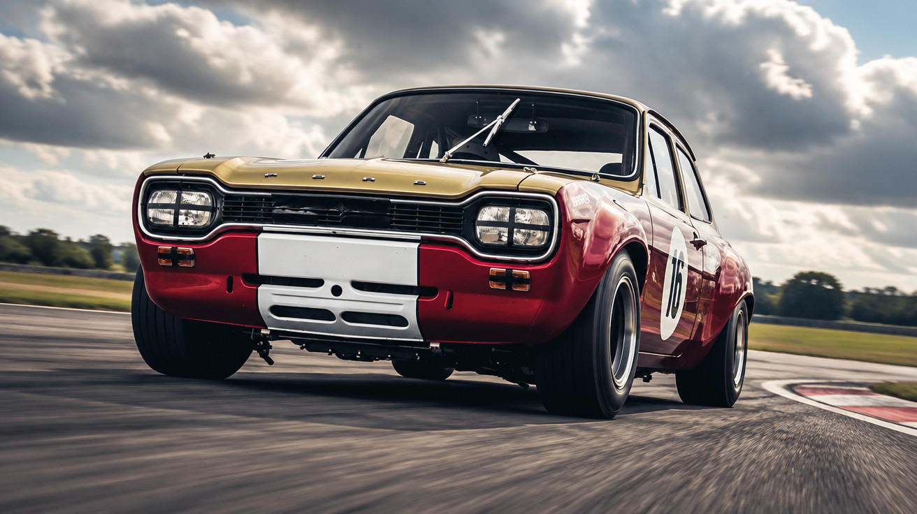 Classic Ford race car in red and gold speeding on a racetrack under a cloudy sky.