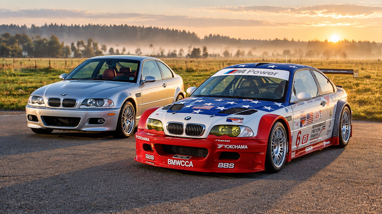 Two BMW E46 cars, one silver road car and one red, white and blue American flag-themed race car, parked at sunset.