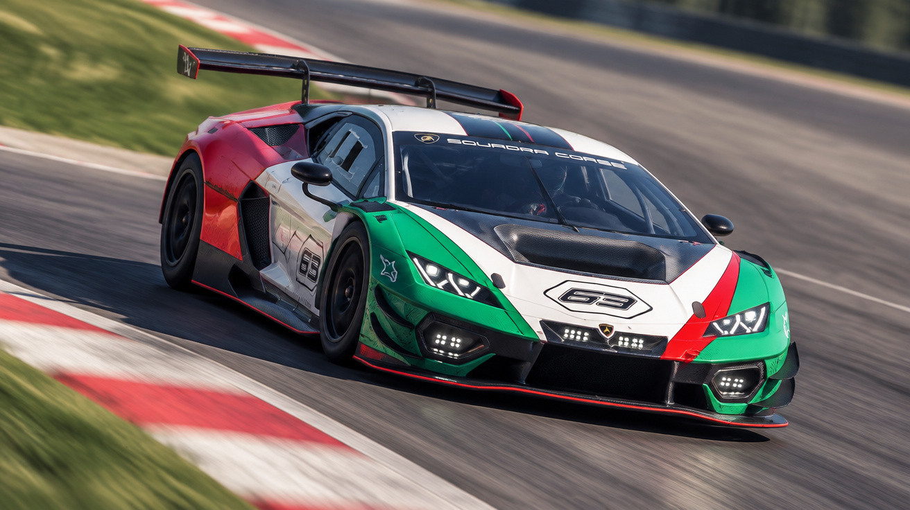 Lamborghini race car with green, white, and red livery speeding on a racetrack corner.