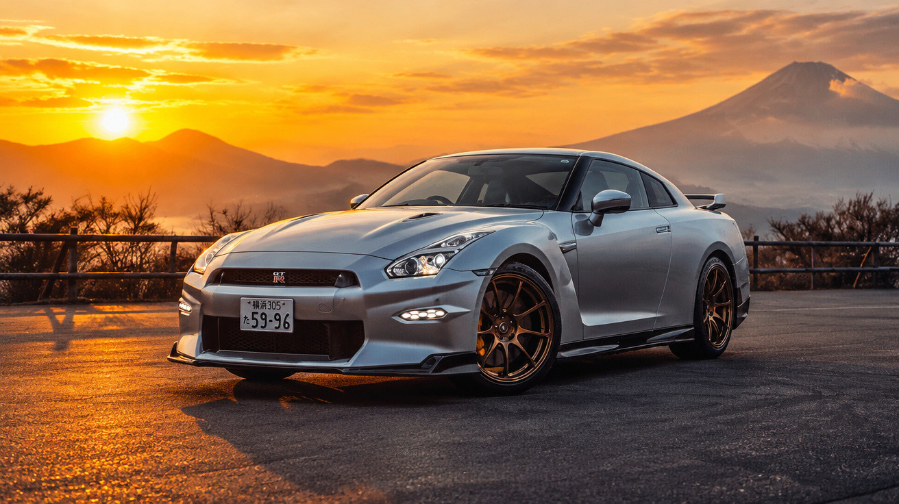 Silver sports car parked on a road at sunset with Mount Fuji in the background and orange sky.