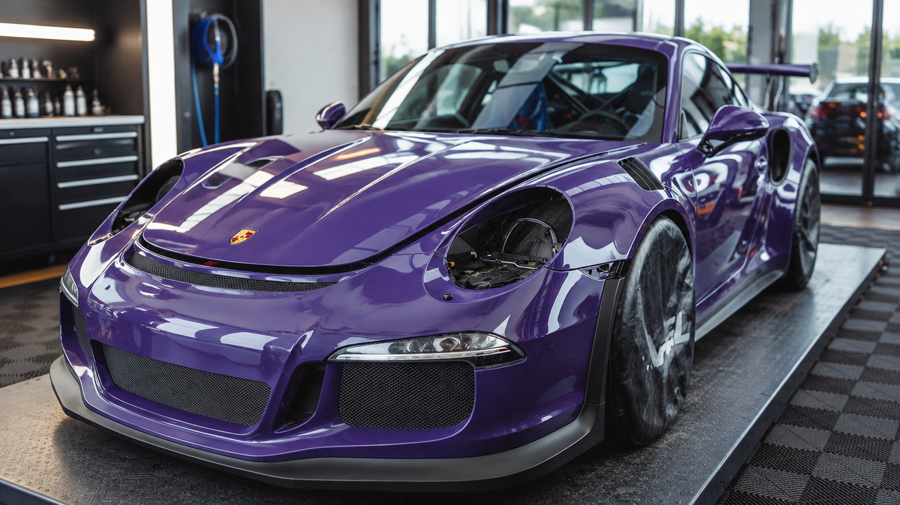 Purple Porsche sports car without headlights displayed indoors on a platform next to a cabinet.