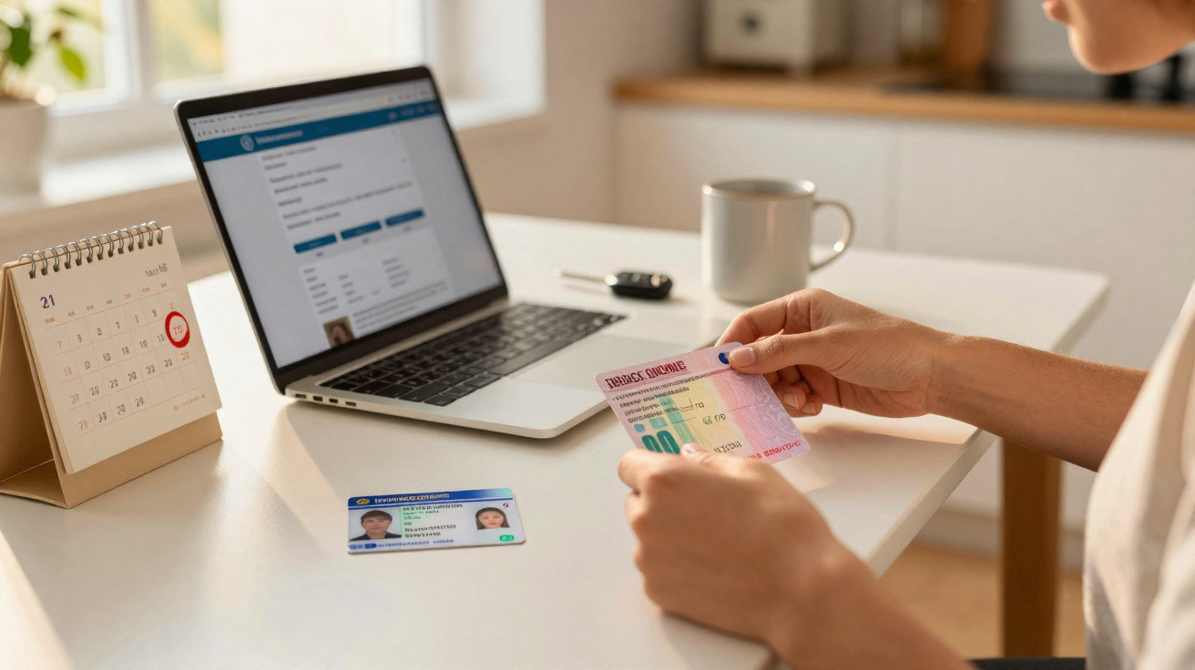 Person holding a pink identity document at a desk with a laptop, calendar, coffee cup, and another ID card.