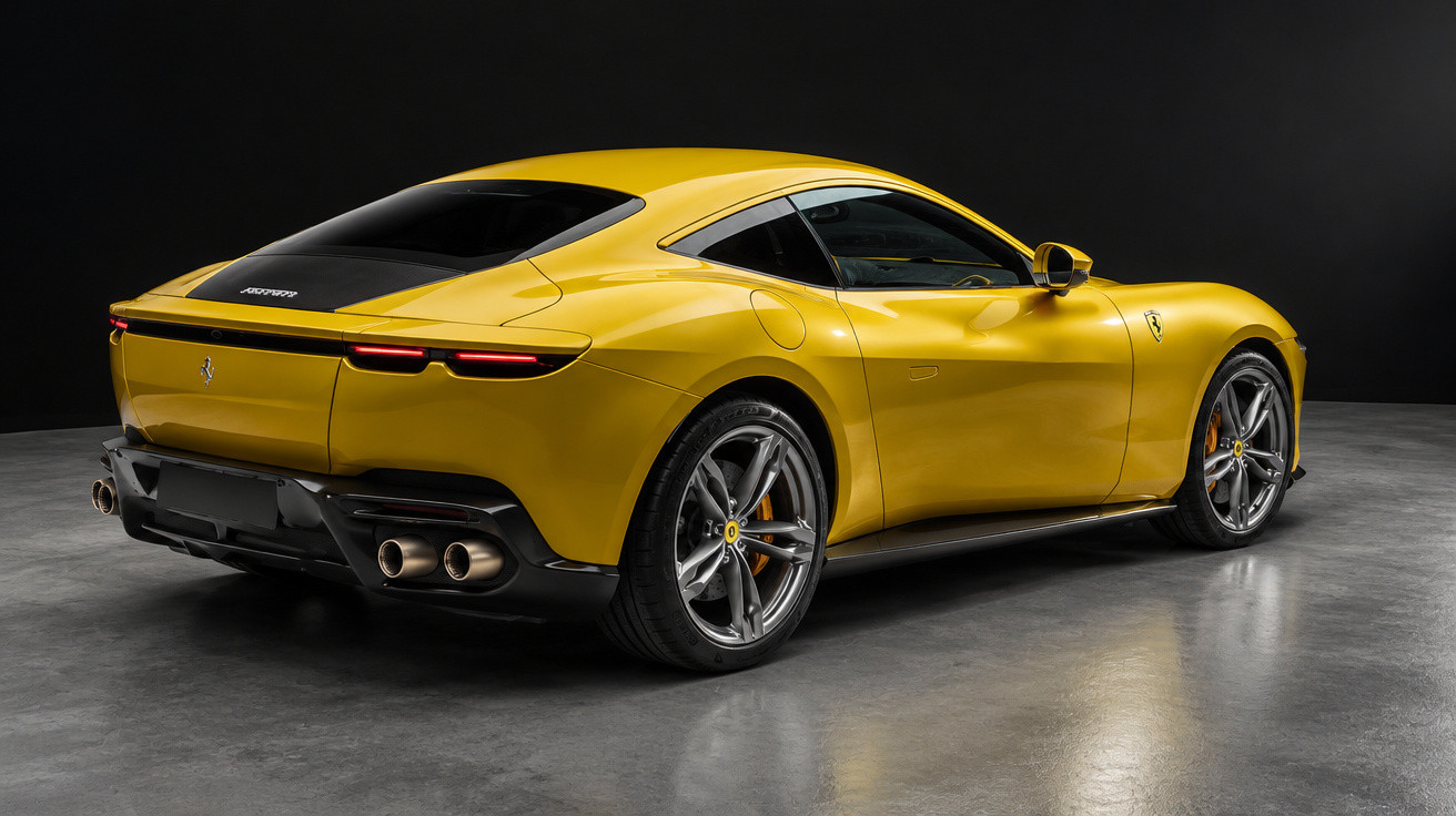 Yellow Ferrari sports car viewed from the rear side in a dark studio setting with reflective floor.