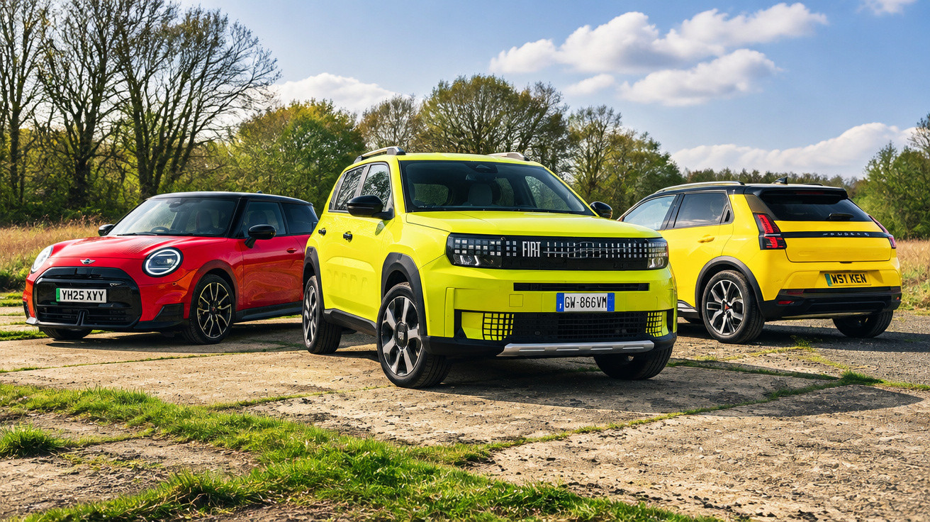 Three compact electric cars in red and yellow parked on a rural concrete surface under a blue sky.