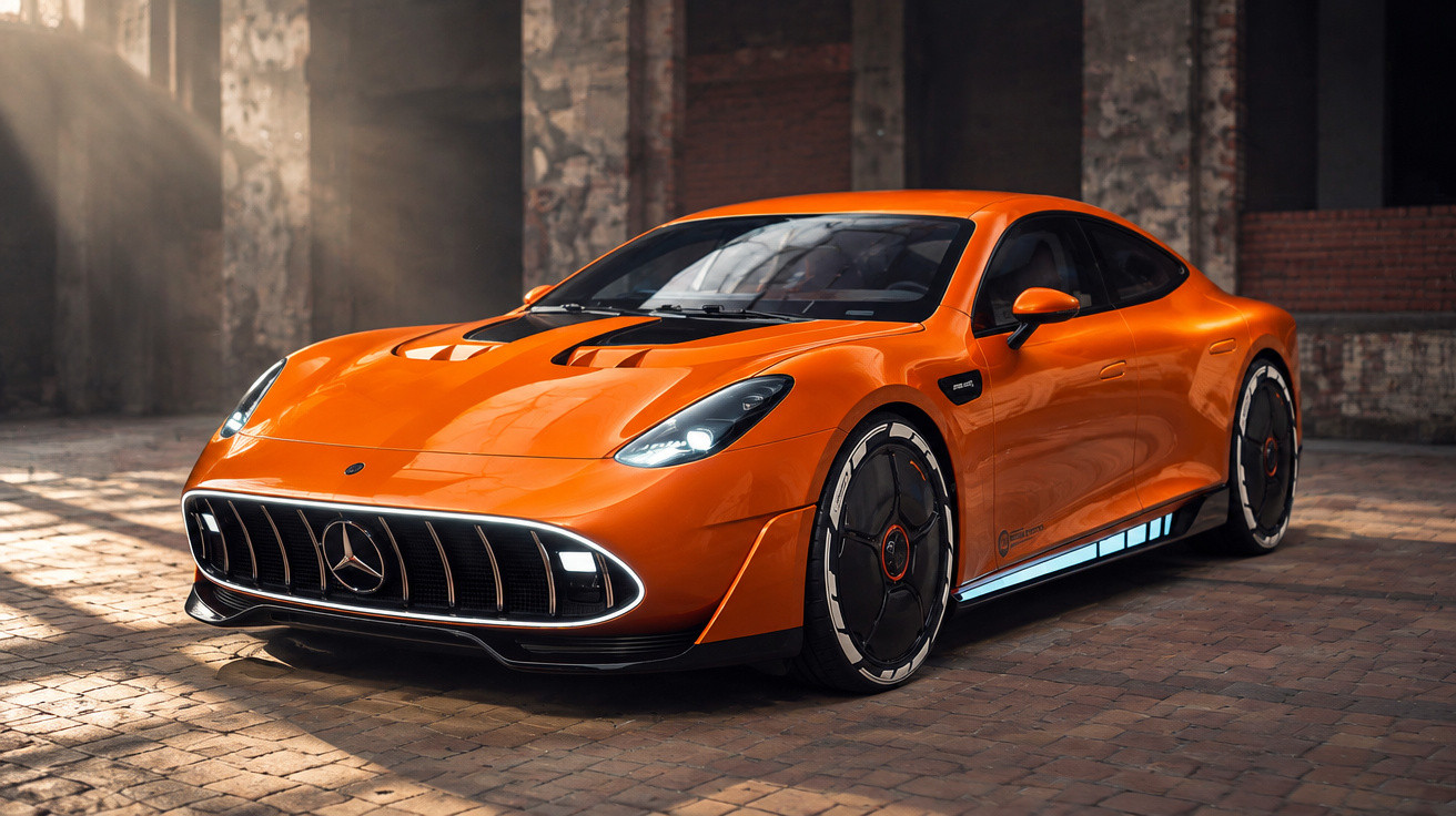 Orange Mercedes-Benz electric sports car parked inside a rustic industrial building with stone walls.