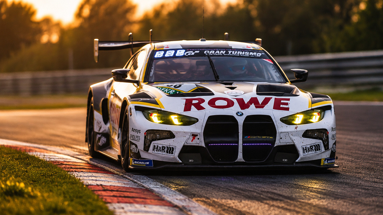 White BMW GT3 race car with yellow headlights on a race track at sunset.