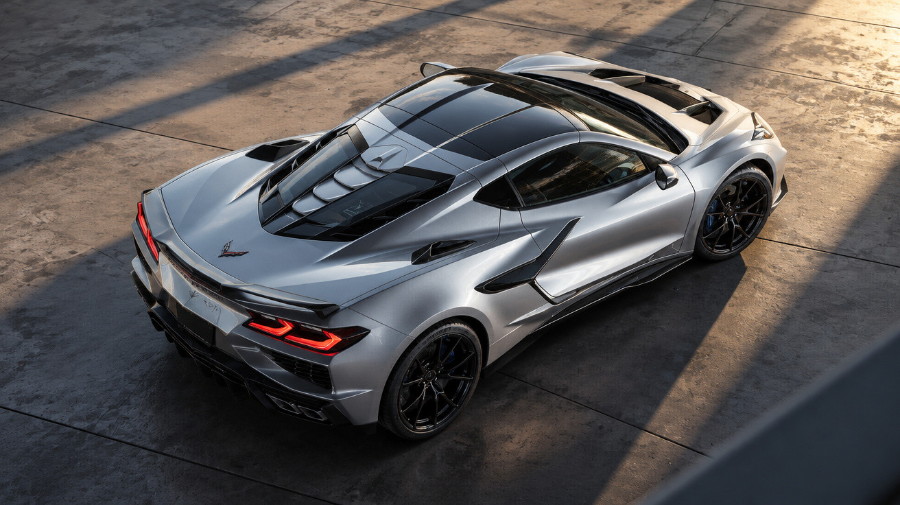 Silver sports car with aerodynamic design, black rims, and rear vents parked on concrete under shadows.