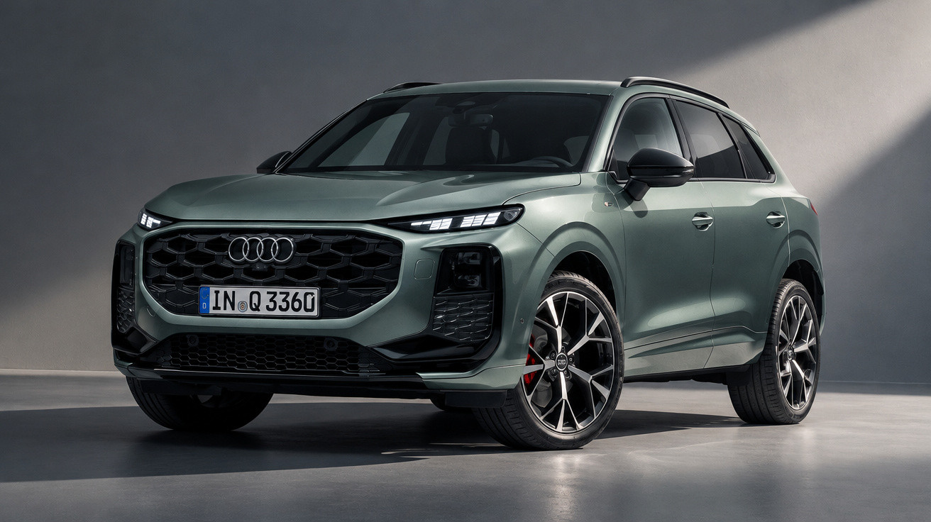 Grey Audi Q3 SUV parked indoors with modern, sleek design and large alloy wheels under spotlight.