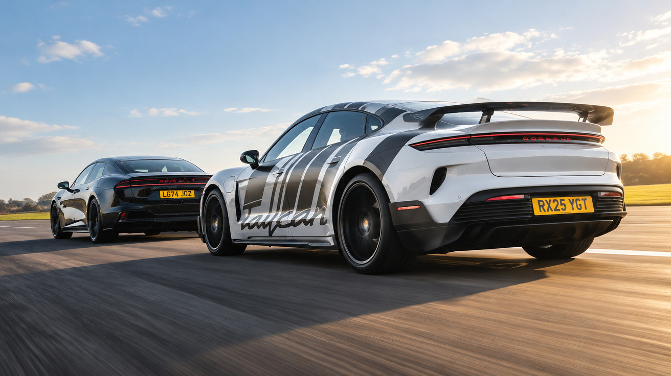 Two Porsche Taycan electric sports cars driving on a road at sunset, viewed from the rear.