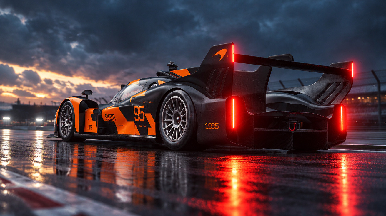Black and orange race car with illuminated rear lights on wet racetrack under dark cloudy sky at sunset.