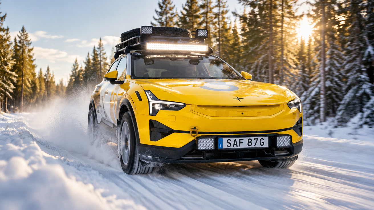 Yellow electric SUV with roof rack driving on a snowy forest road during sunset.