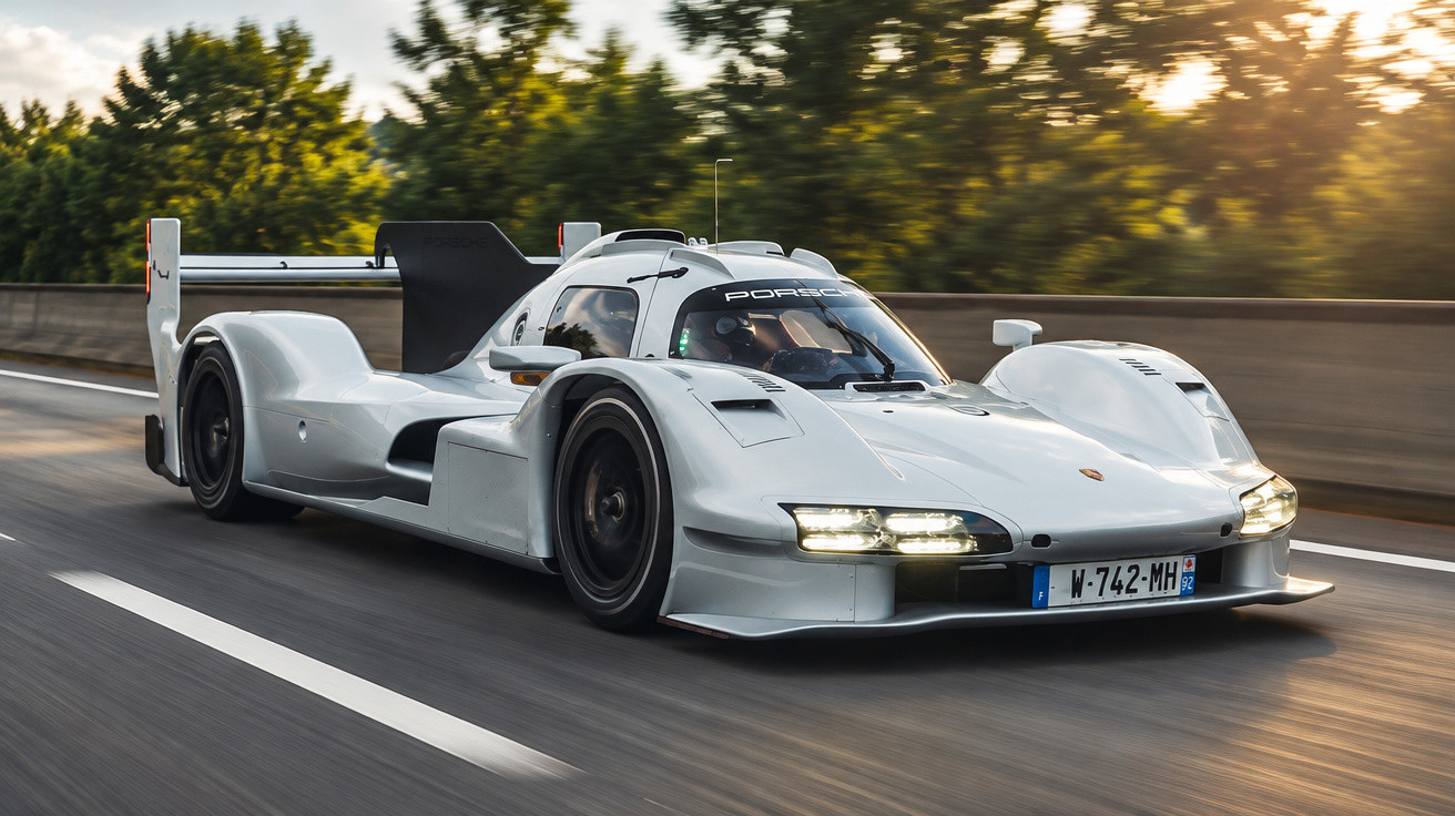 White Porsche 962 race car speeding on a road with blurred trees in the background at sunset.
