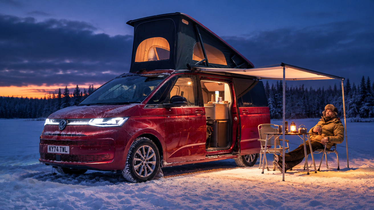 Red camper van with pop-up roof and awning, parked on snow, with man sitting at table under lantern light at dusk.