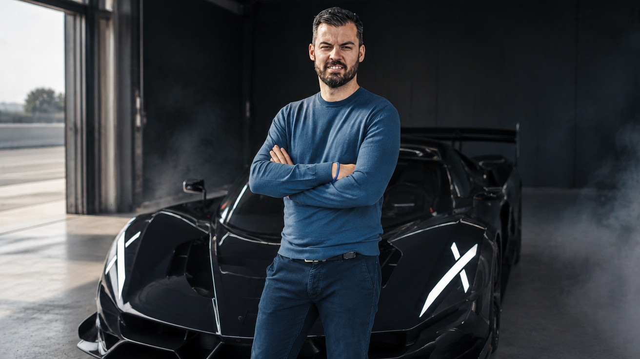 Man with folded arms standing in front of a sleek black sports car inside a garage with smoke around.