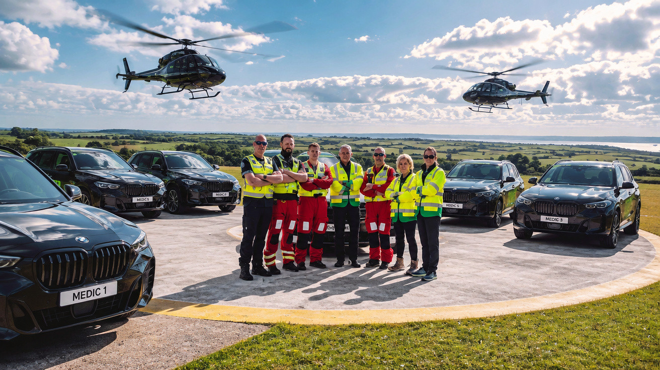 Emergency medical team standing on helipad with helicopters and cars under a cloudy blue sky