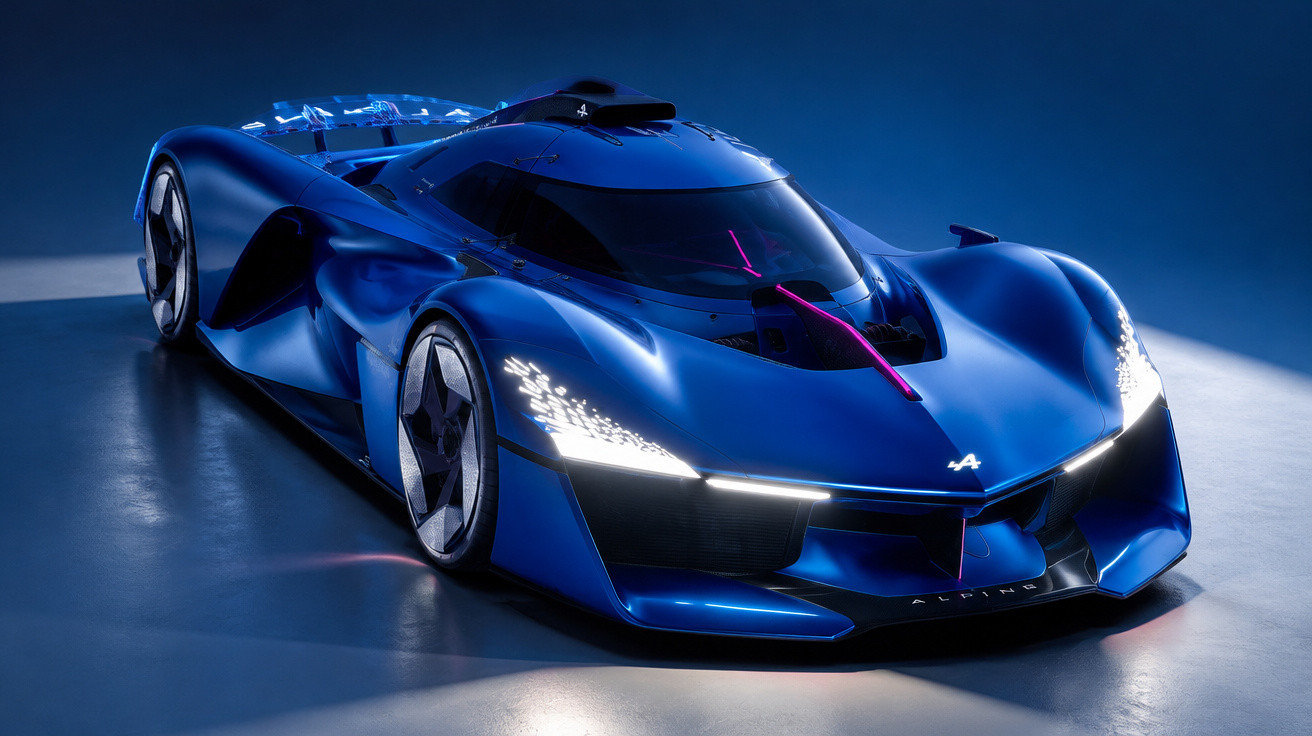 Sleek blue futuristic sports car with LED headlights and aerodynamic design on a smooth reflective surface.