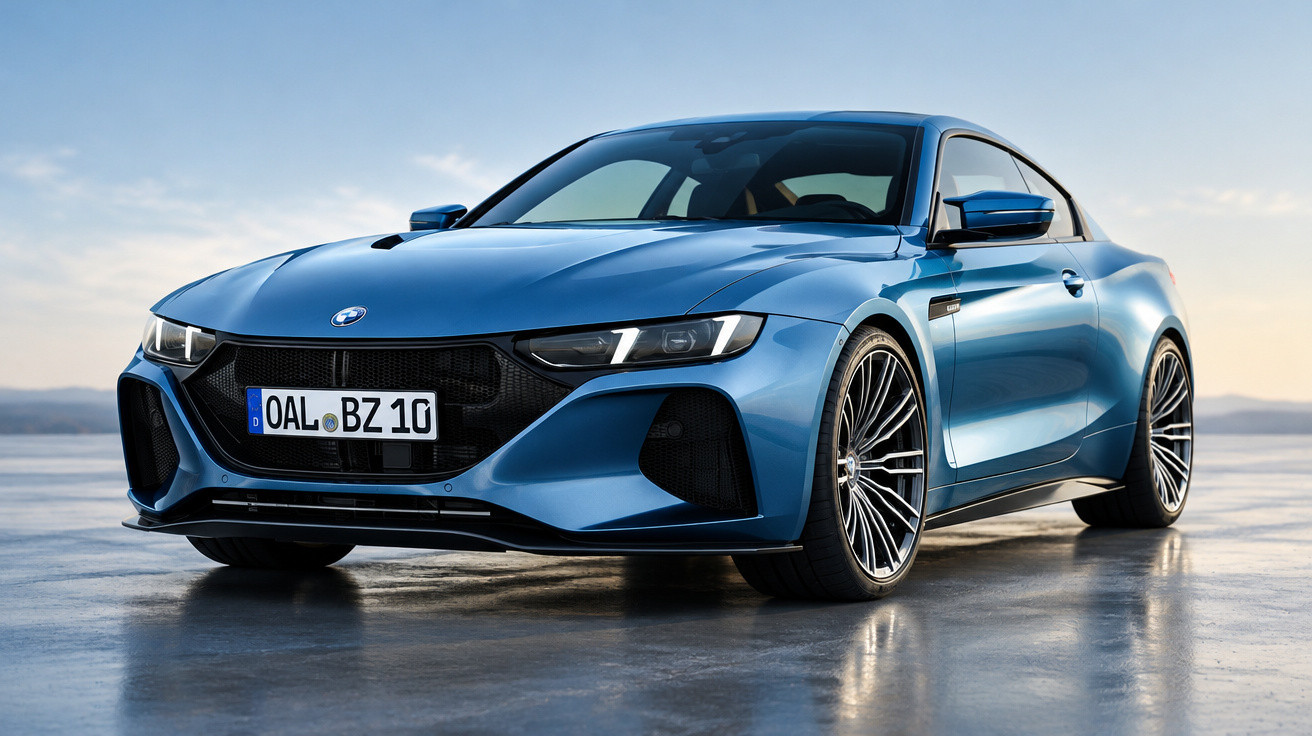 Blue BMW sports car parked on reflective surface under clear sky at sunset.