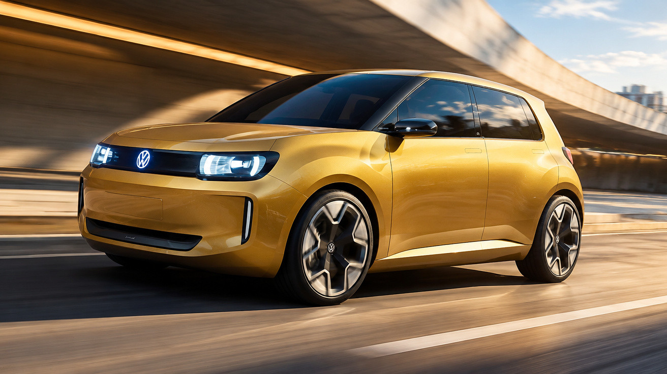 Yellow Volkswagen compact electric car driving on urban road under bridge in daylight