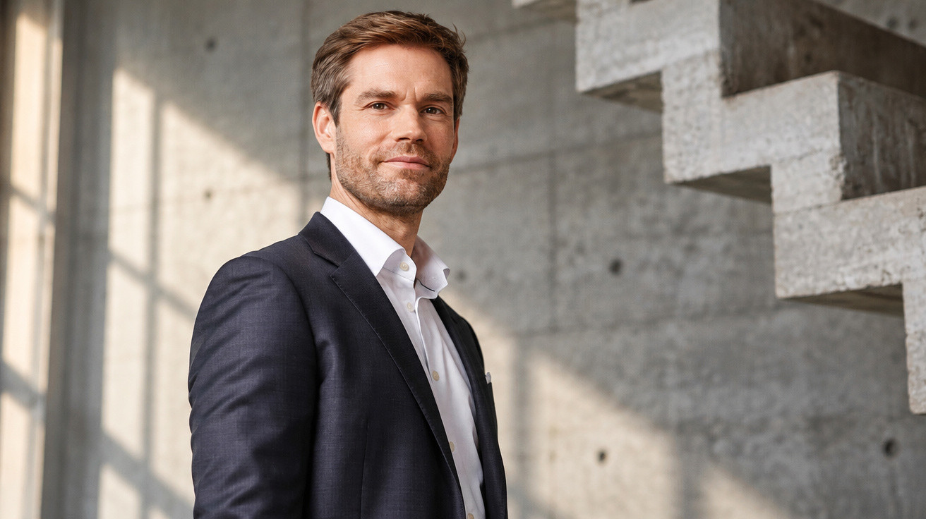 Confident middle-aged man in a dark suit standing by a concrete wall with geometric details in natural light.