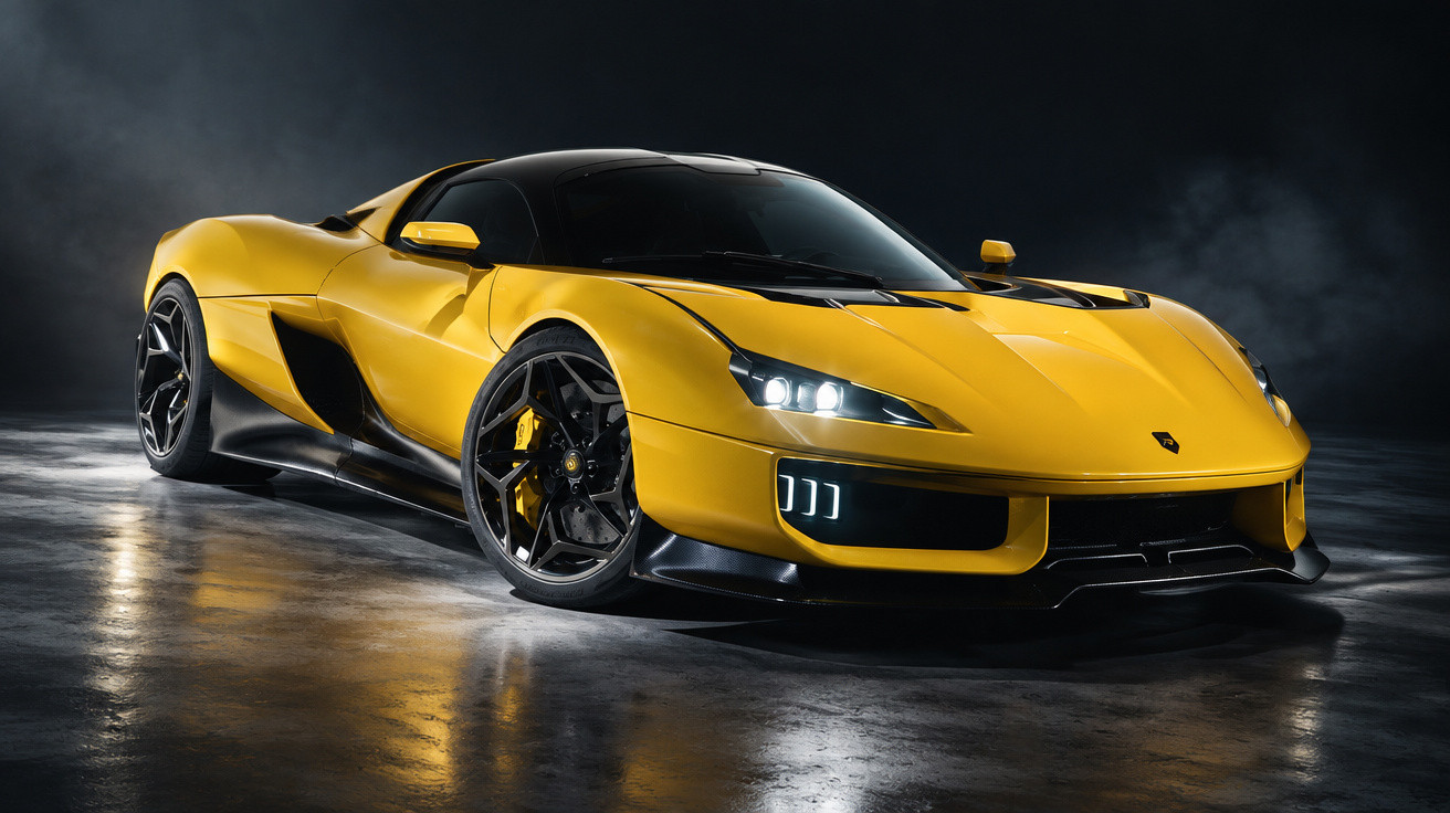 Yellow Lamborghini sports car with sleek design and black detailing, headlights on, parked on reflective surface in dark sett