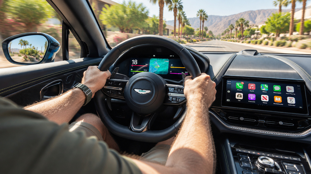 Driver holding steering wheel of Aston Martin car with touchscreen dashboard on sunny palm-lined road.