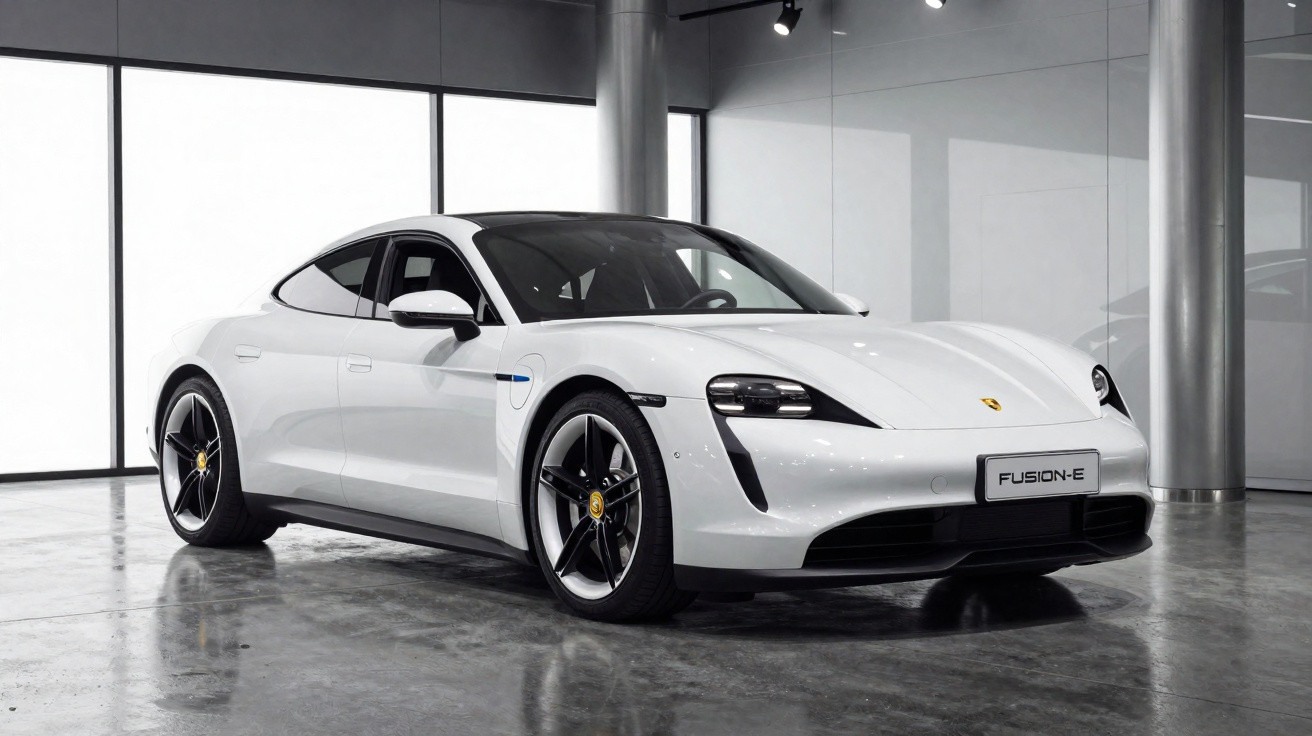 White Porsche Taycan electric sports car displayed in a modern showroom with reflective polished concrete floor.