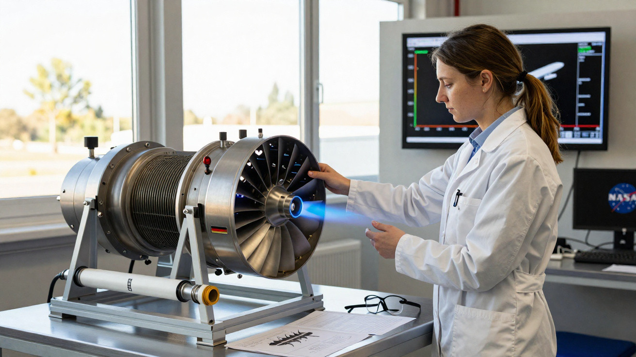 Woman in lab coat examining a jet engine model emitting blue flame in a modern laboratory.