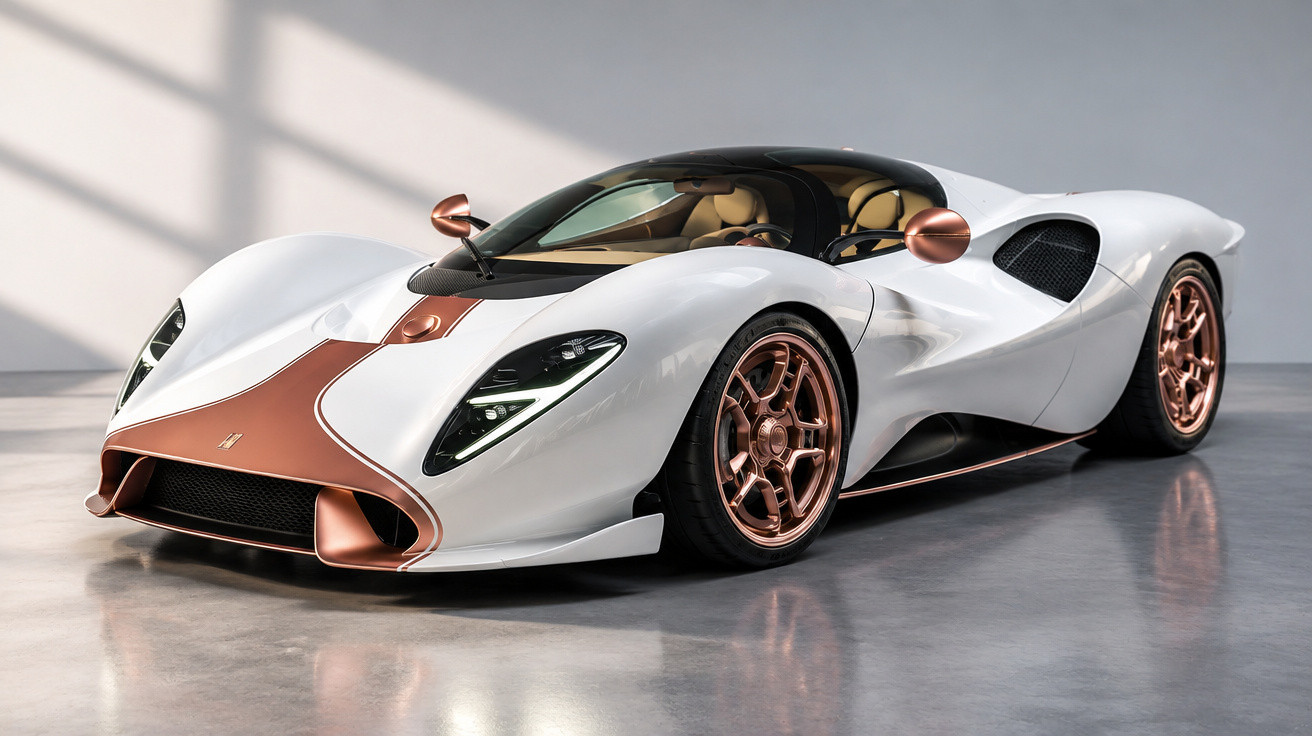 White and copper luxury sports car with aerodynamic design on a grey showroom floor.