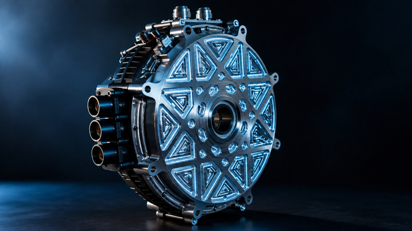 Close-up of a shiny metallic mechanical device with geometric patterns and multiple circular connectors on a dark background.