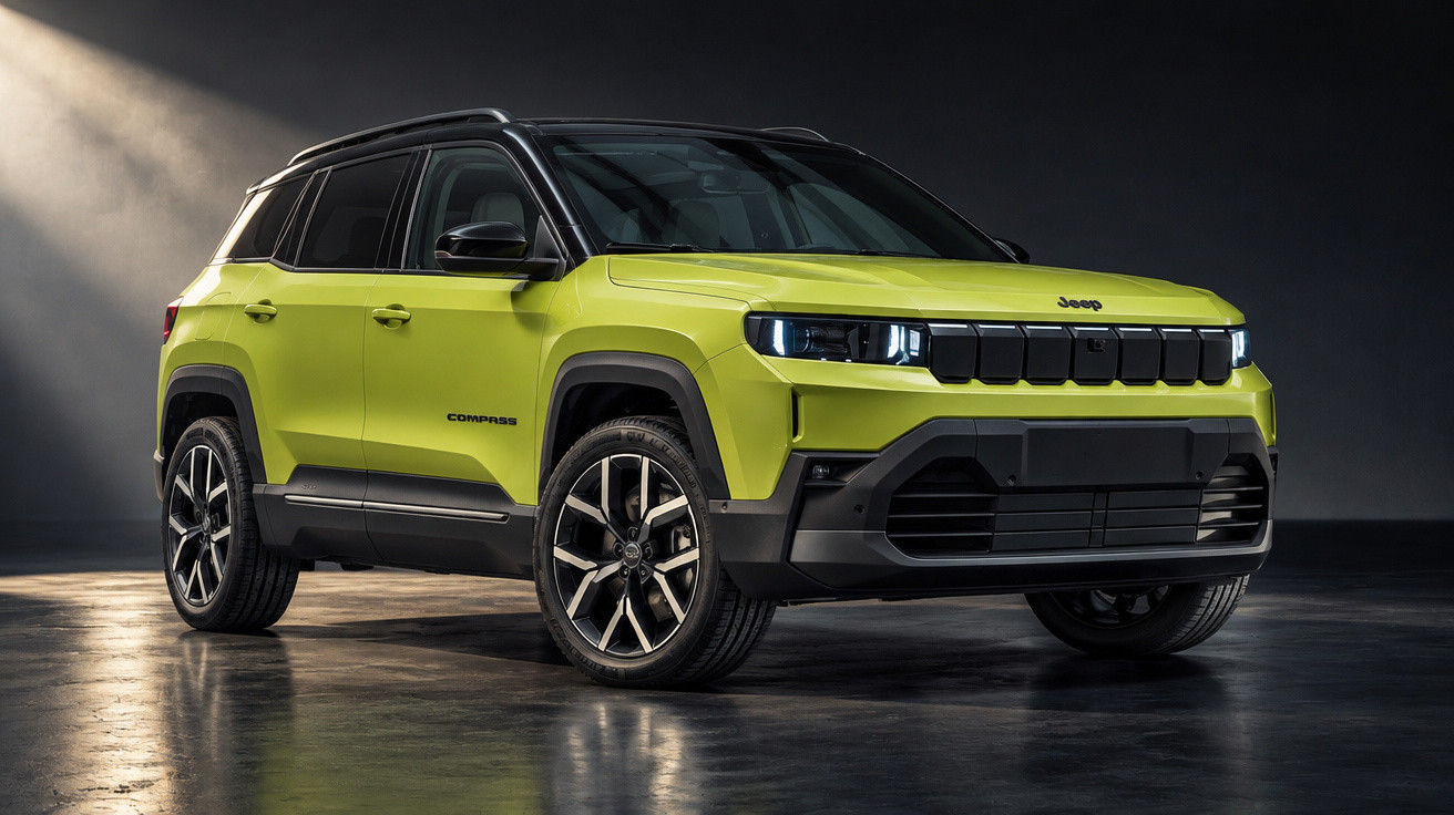 Bright green Jeep Compass SUV with black roof and modern LED headlights in a dark studio setting