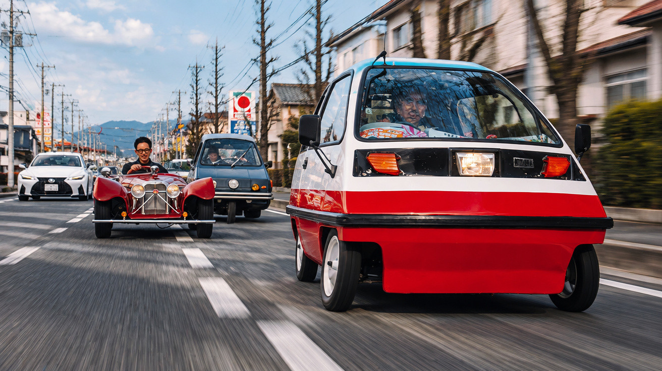 Three unique small vintage and retro cars driving on a city street with buildings and mountains in the background.
