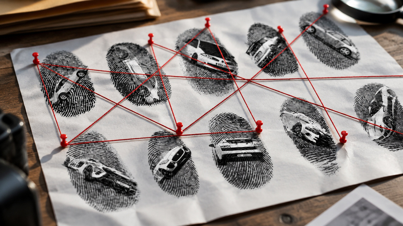 Paper with fingerprints and car images connected by red string pins on a wooden table in a detective investigation.