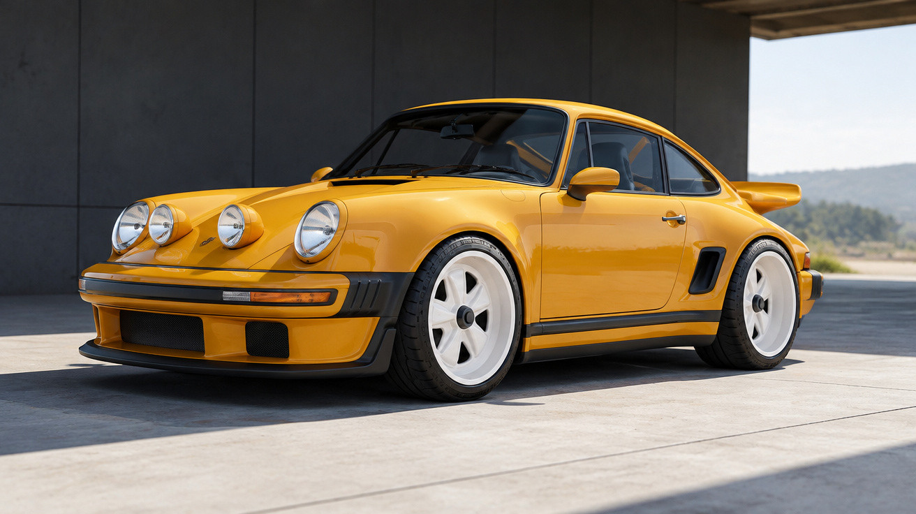 Yellow classic Porsche 911 sports car with white wheels and additional front lights parked under a concrete structure.