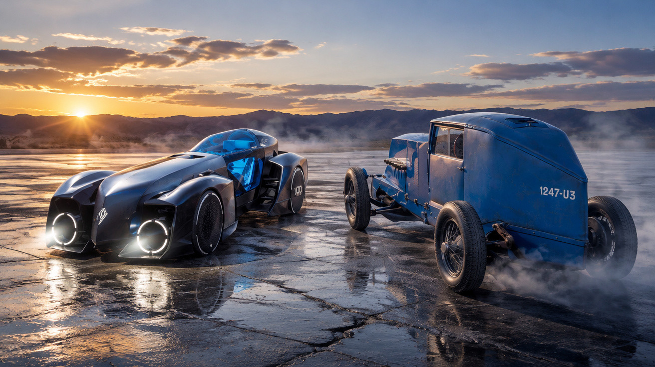 Two futuristic and vintage cars side by side on a wet surface at sunset with mountains in the background.