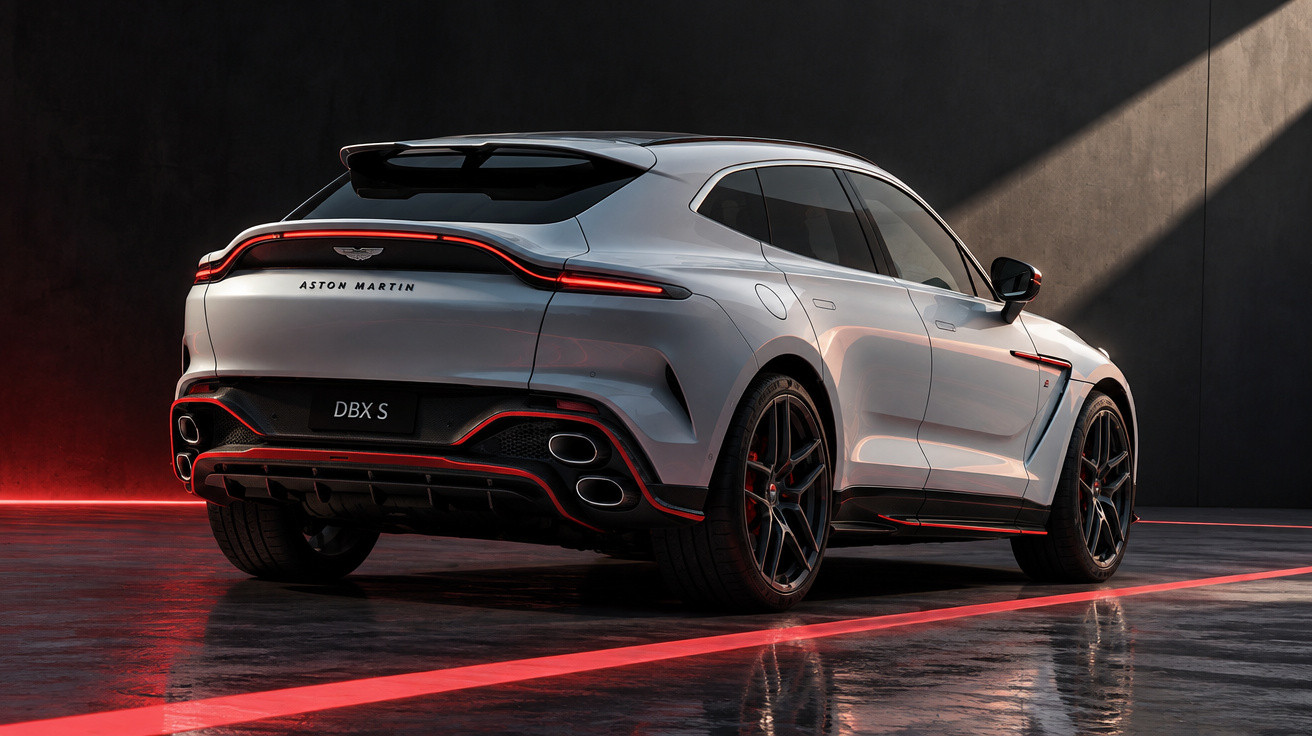 Silver Aston Martin DBX S parked indoors with red ambient lighting and reflections on the floor