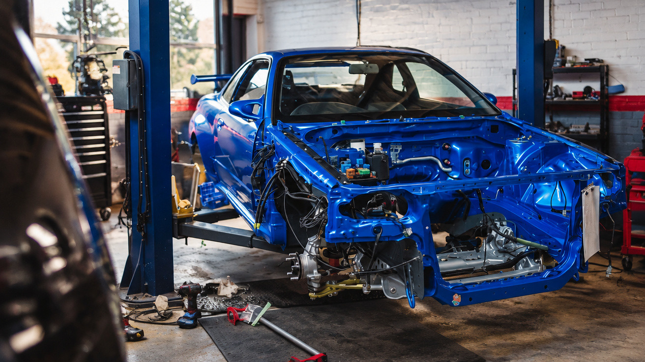 Blue car chassis without engine on lift inside a garage with tools and equipment around.