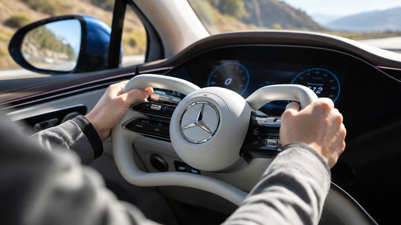 Person holding a white Mercedes-Benz steering wheel inside a car with digital dashboard displays visible.