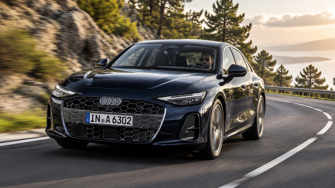 Black Audi sedan driving on a winding mountain road with trees and a sunset in the background.