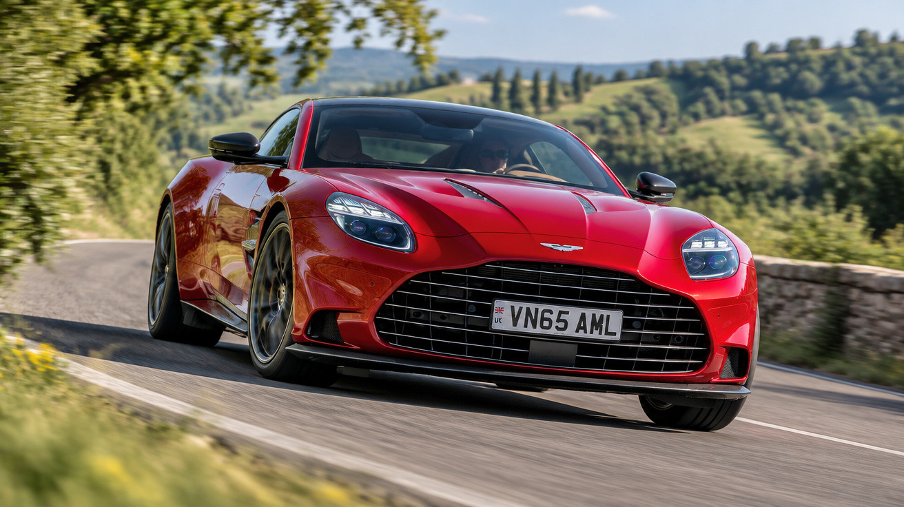 Red Aston Martin sports car driving on a winding countryside road with trees and hills in the background.