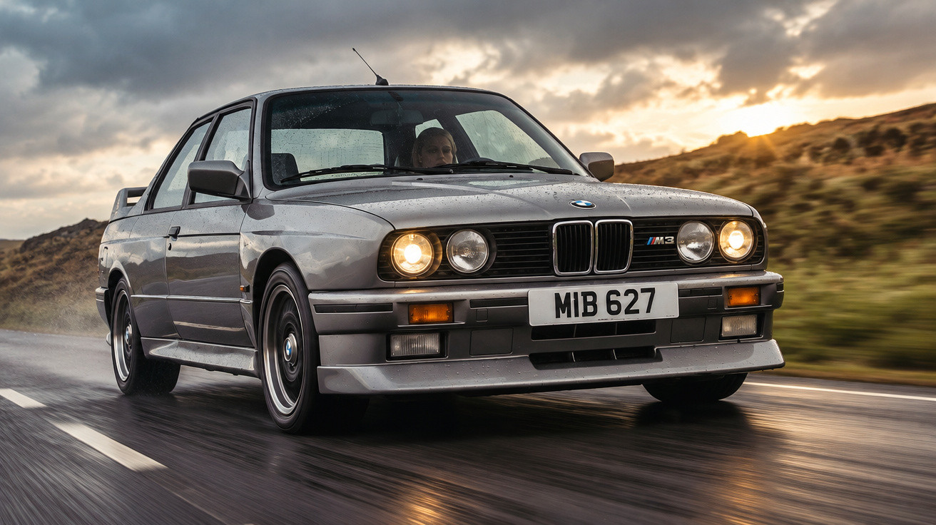 Silver BMW E30 M3 driving on a wet country road under a cloudy, sunset sky.